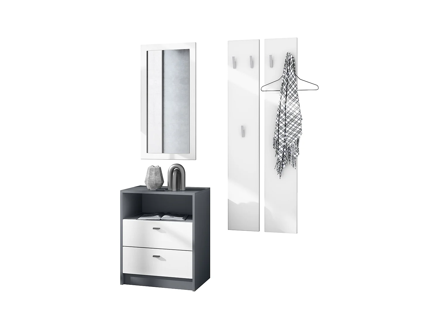 Ensemble de vestiaires Pino V1, 2 Panneaux muraux 140 cm et buffet avec 2 tiroirs & 1 compartiment ouvert, anthracite mat/blanc mat (56 x 67,5 x 36 cm)