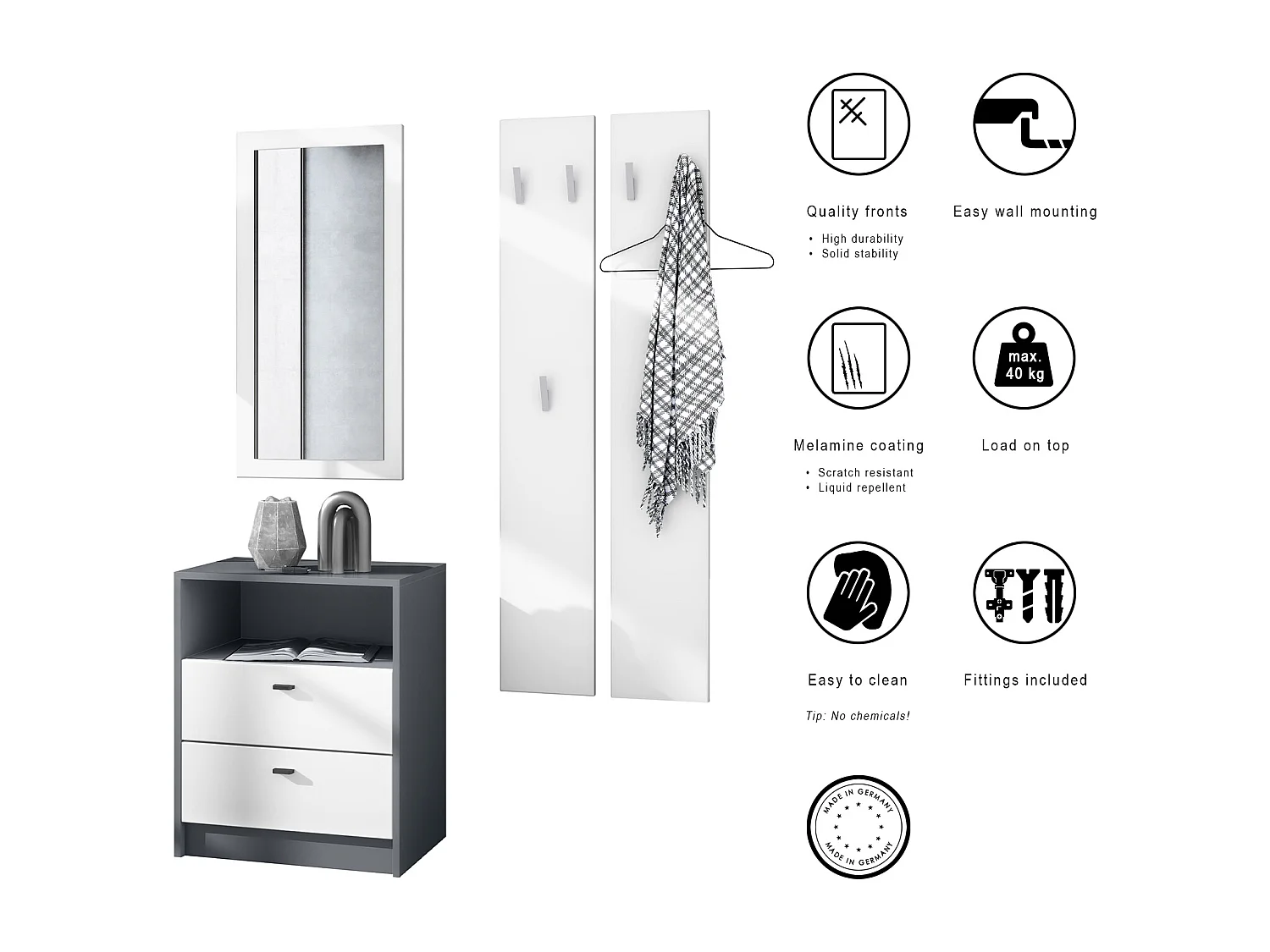 Ensemble de vestiaires Pino V1, 2 Panneaux muraux 140 cm et buffet avec 2 tiroirs & 1 compartiment ouvert, anthracite mat/blanc mat (56 x 67,5 x 36 cm)