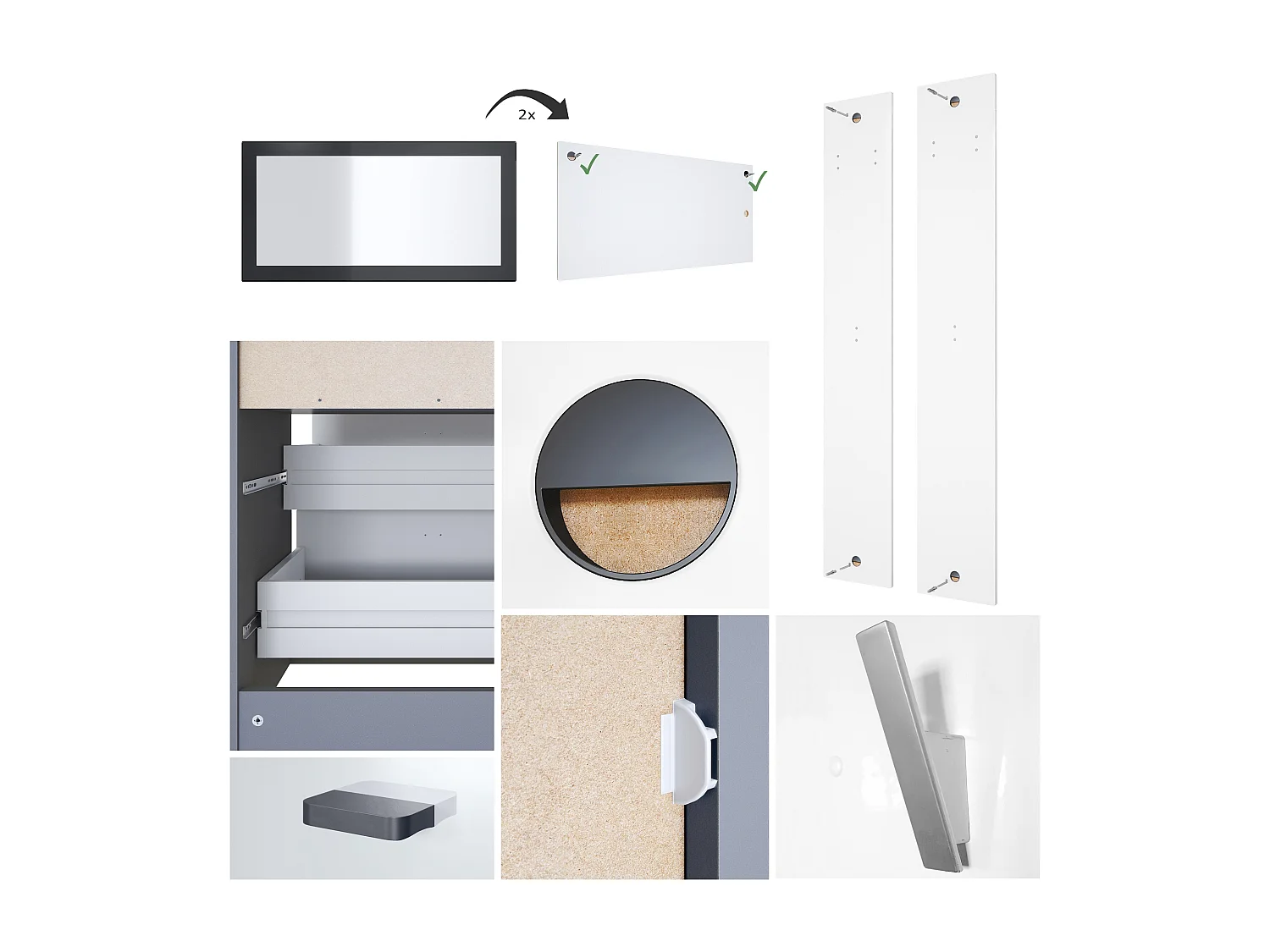 Ensemble de vestiaires Pino V1, 2 Panneaux muraux 140 cm et buffet avec 2 tiroirs & 1 compartiment ouvert, anthracite mat/blanc mat (56 x 67,5 x 36 cm)