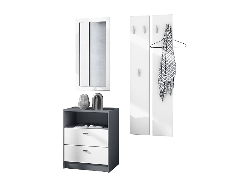 Ensemble de vestiaires Pino V1, 2 Panneaux muraux 140 cm et buffet avec 2 tiroirs & 1 compartiment ouvert, anthracite mat/blanc mat (56 x 67,5 x 36 cm)