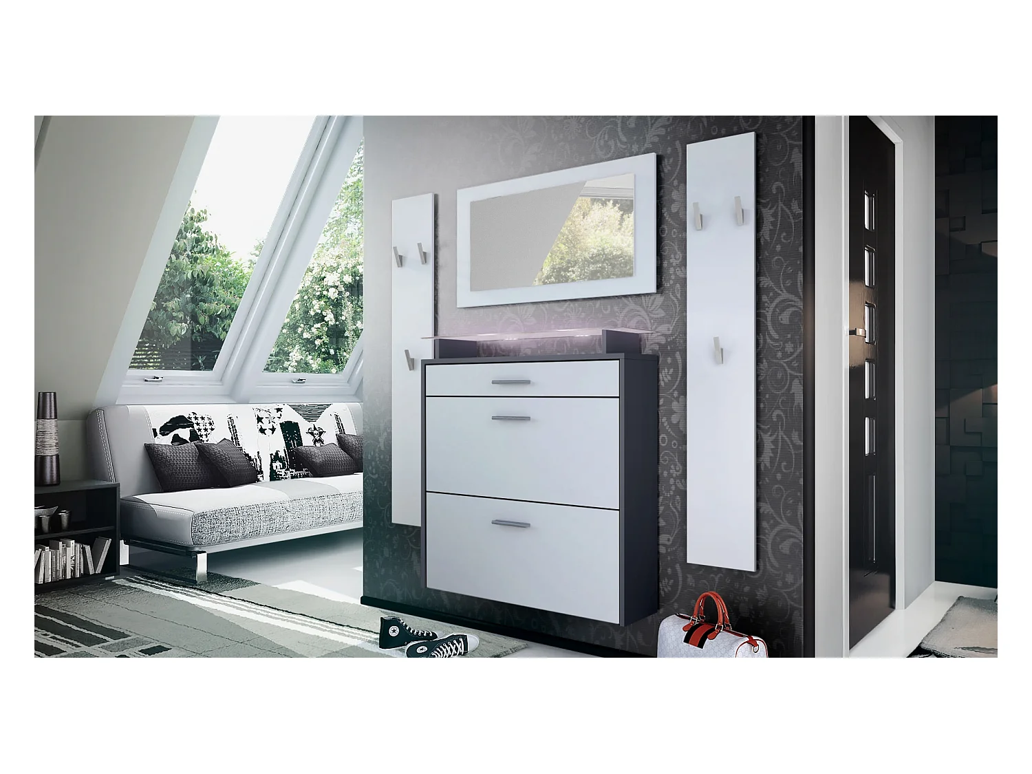 Penderie Malea, Meuble d’entrée comprenant 1 commode à chaussures murale, 1 miroir et 2 panneaux porte-manteaux, Anthracite mat/Blanc mat, LED blanc inclus