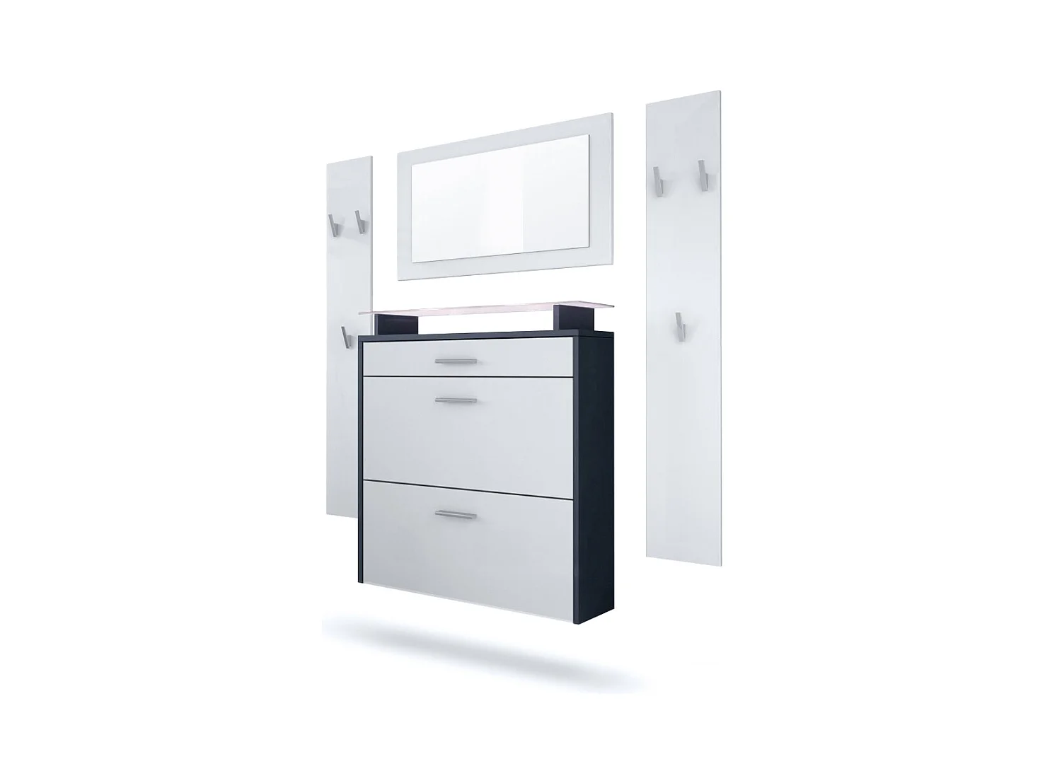 Penderie Malea, Meuble d’entrée comprenant 1 commode à chaussures murale, 1 miroir et 2 panneaux porte-manteaux, Anthracite mat/Blanc mat, LED blanc inclus