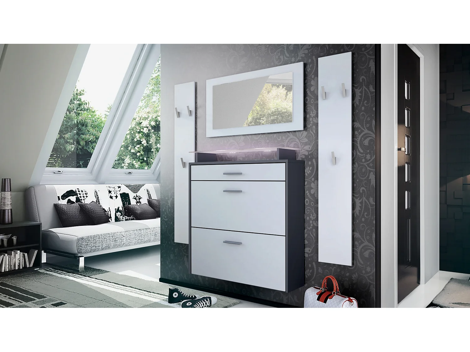 Penderie Malea, Meuble d’entrée comprenant 1 commode à chaussures murale, 1 miroir et 2 panneaux porte-manteaux, Anthracite mat/Blanc mat, LED blanc inclus