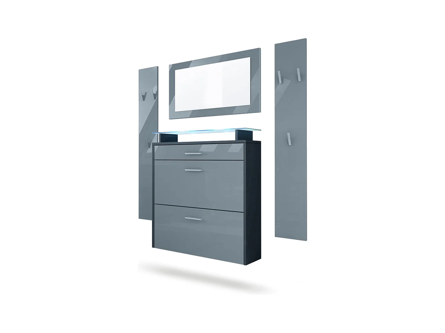Penderie Malea, Meuble d’entrée comprenant 1 commode à chaussures murale, 1 miroir et 2 panneaux porte-manteaux, Anthracite mat/Gris brillant, LED bleu inclus