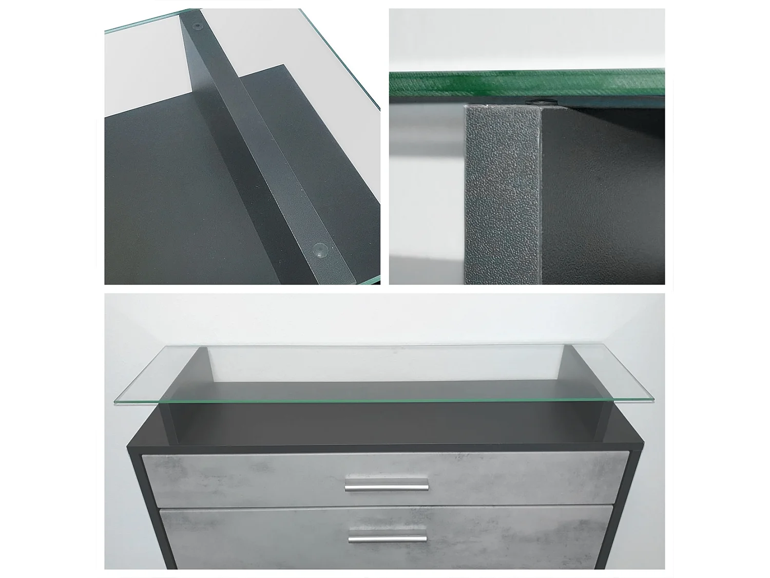 Penderie Malea, Meuble d’entrée comprenant 1 commode à chaussures murale, 1 miroir et 2 panneaux porte-manteaux, Anthracite mat/Gris brillant, LED bleu inclus