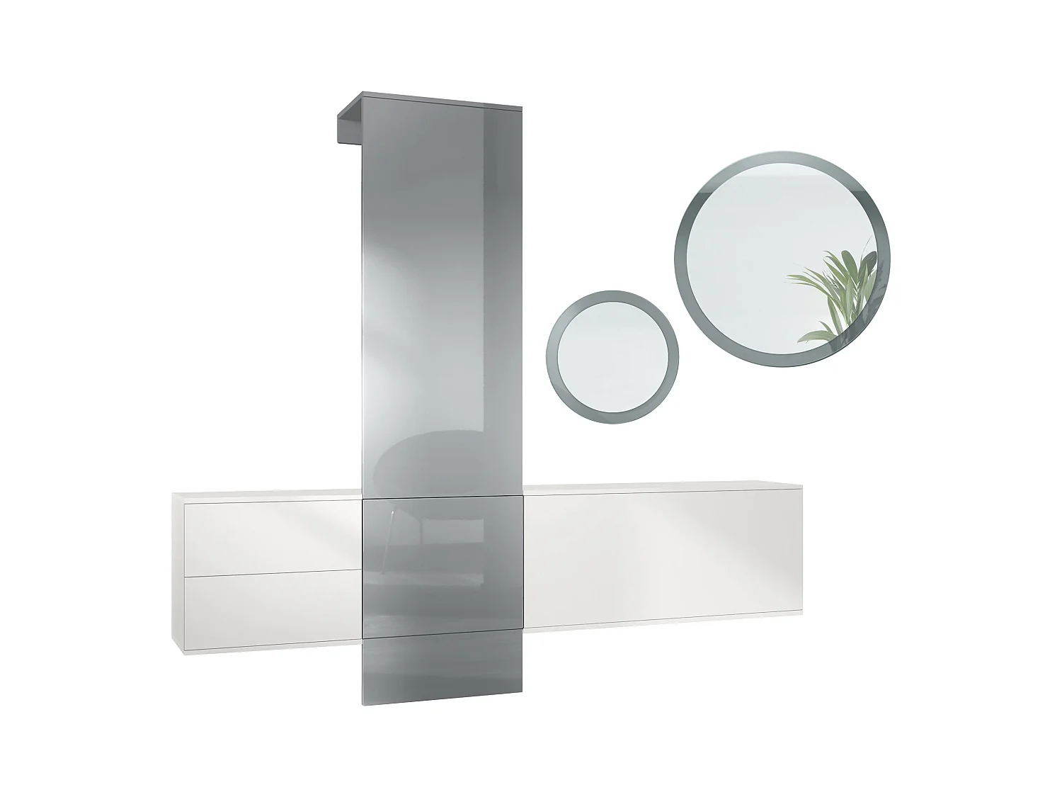 Ensemble de garde-robe  DualVista, composé de 1 panneau de porte-manteau, 1 armoire à tiroirs, 1 module de rangement et 2 miroirs, blanc mat/gris brillant