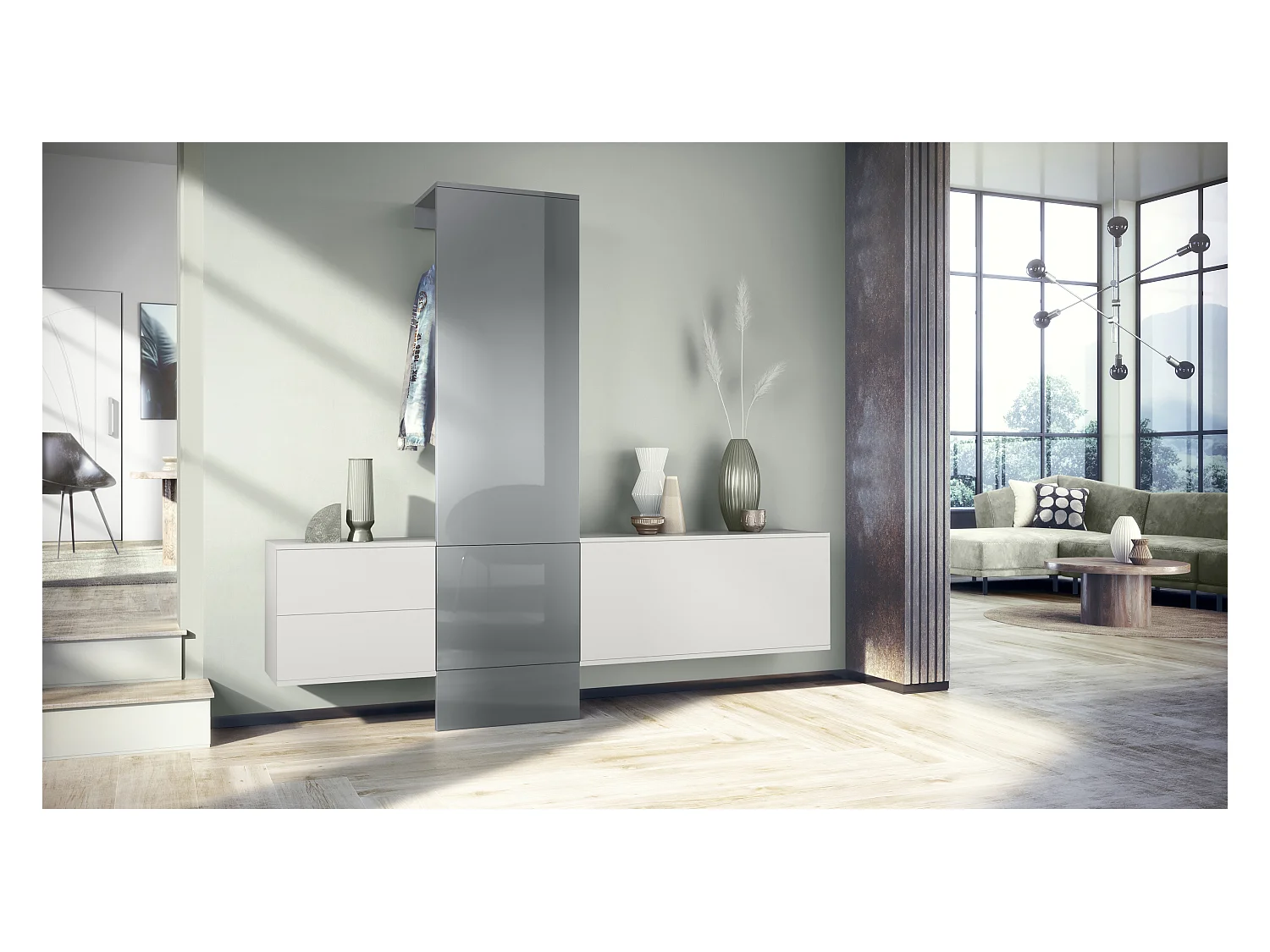 Ensemble de garde-robe  DualVista, composé de 1 panneau de porte-manteau, 1 armoire à tiroirs, 1 module de rangement et 2 miroirs, blanc mat/gris brillant