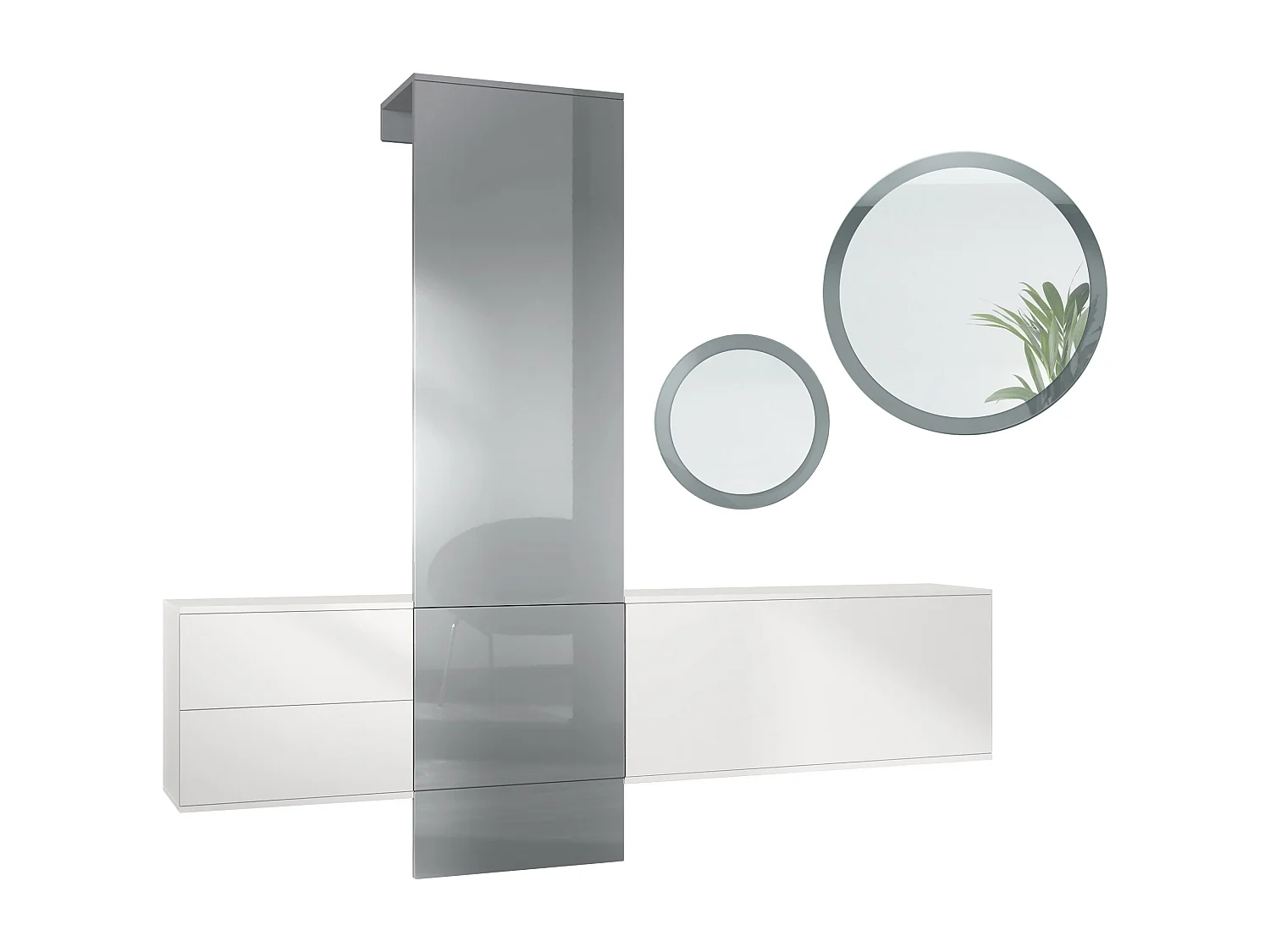 Ensemble de garde-robe  DualVista, composé de 1 panneau de porte-manteau, 1 armoire à tiroirs, 1 module de rangement et 2 miroirs, blanc mat/gris brillant