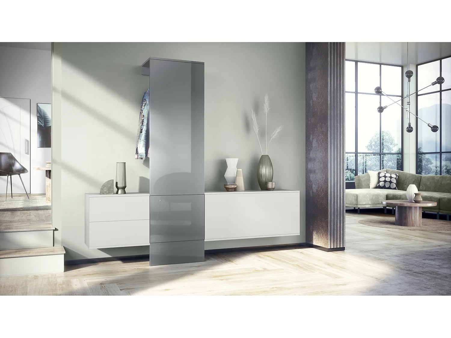 Ensemble de garde-robe  DualVista, composé de 1 panneau de porte-manteau, 1 armoire à tiroirs, 1 module de rangement et 2 miroirs, blanc mat/gris brillant
