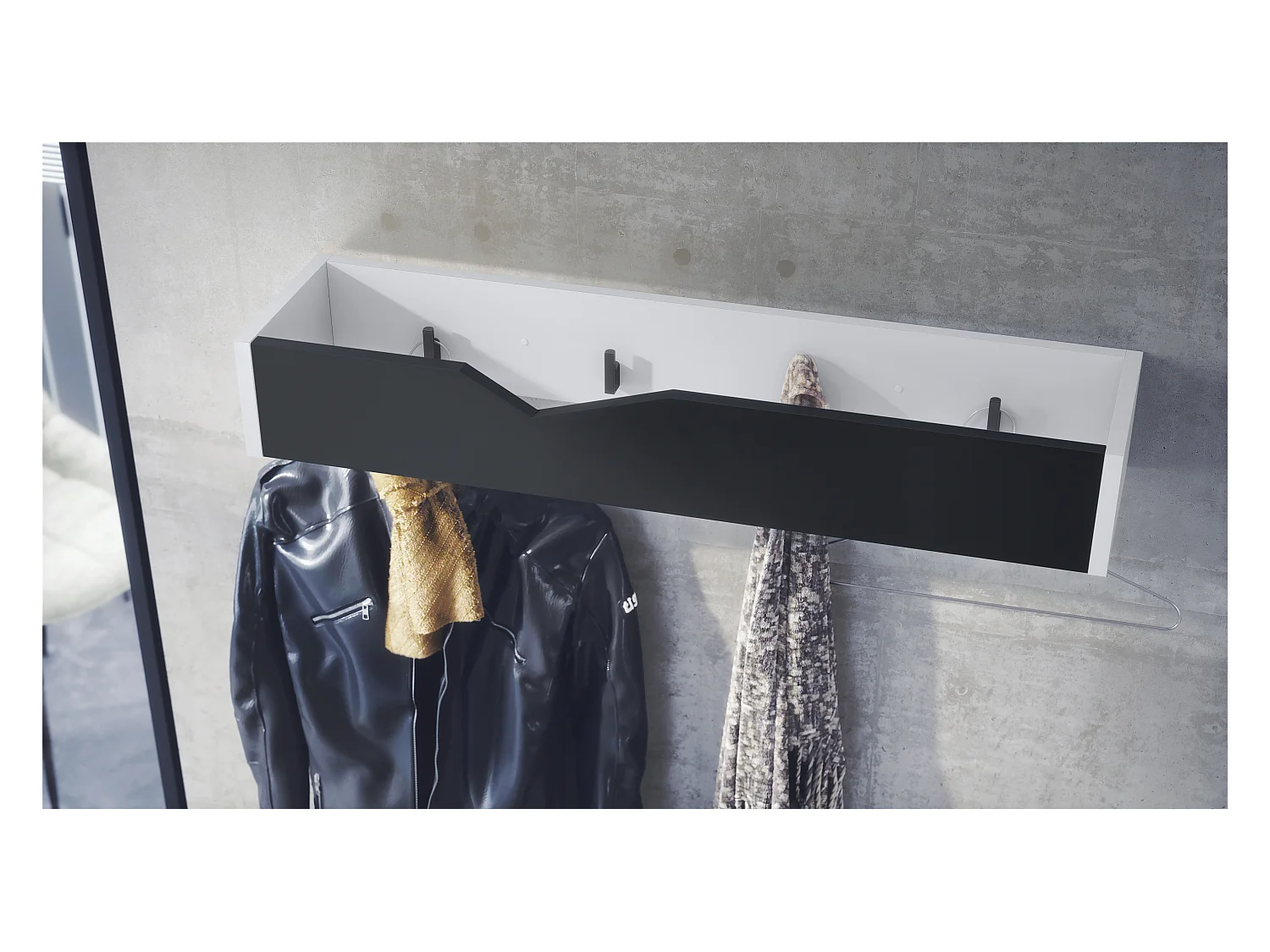 Porte-manteau crochets muraux panneau de penderie Kolmio, corps blanc mat, façade noir mat 83,5 x 12,5 x 21 cm