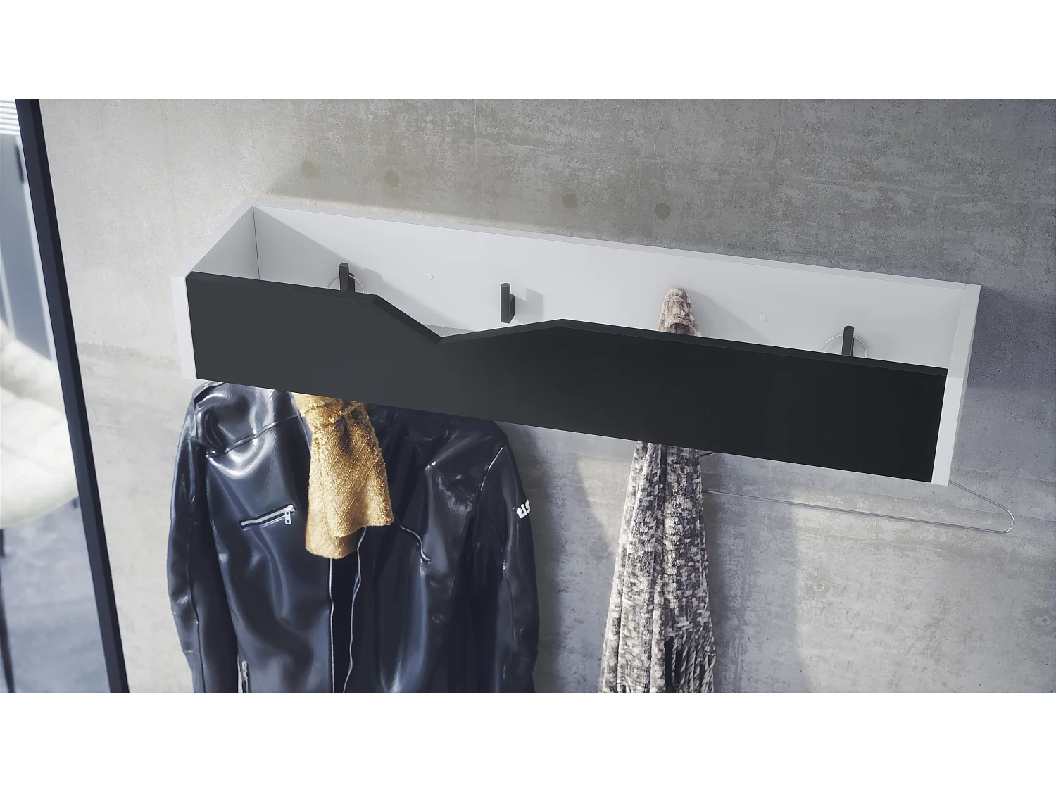 Porte-manteau crochets muraux panneau de penderie Kolmio, corps blanc mat, façade noir mat 83,5 x 12,5 x 21 cm