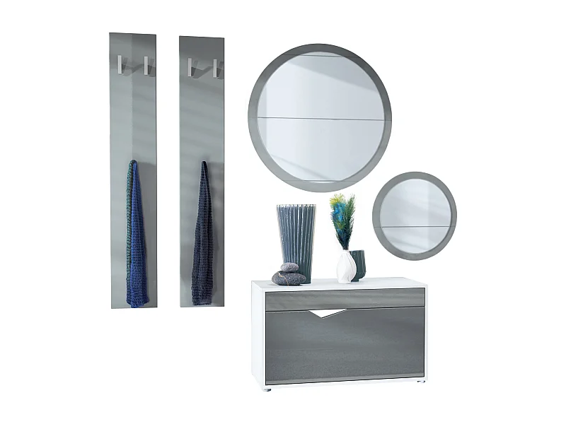 Ensemble de Dressing Espoo, Meuble d'Entrée avec Banc à Chaussures, 2 Panneaux Muraux et 2 Miroirs Muraux Ronds, blanc mat/gris haute brillance