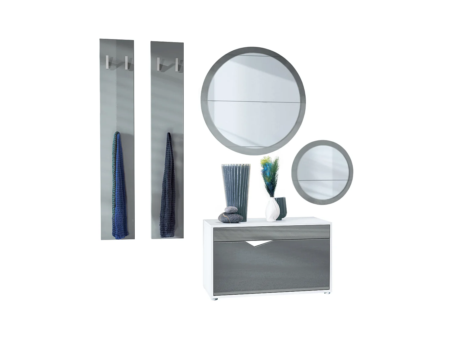 Ensemble de Dressing Espoo, Meuble d'Entrée avec Banc à Chaussures, 2 Panneaux Muraux et 2 Miroirs Muraux Ronds, blanc mat/gris haute brillance