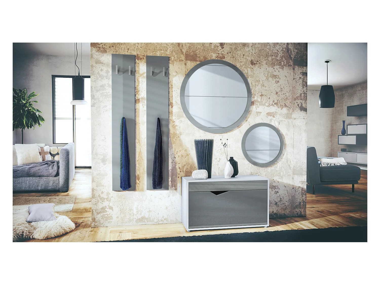 Ensemble de Dressing Espoo, Meuble d'Entrée avec Banc à Chaussures, 2 Panneaux Muraux et 2 Miroirs Muraux Ronds, blanc mat/gris haute brillance