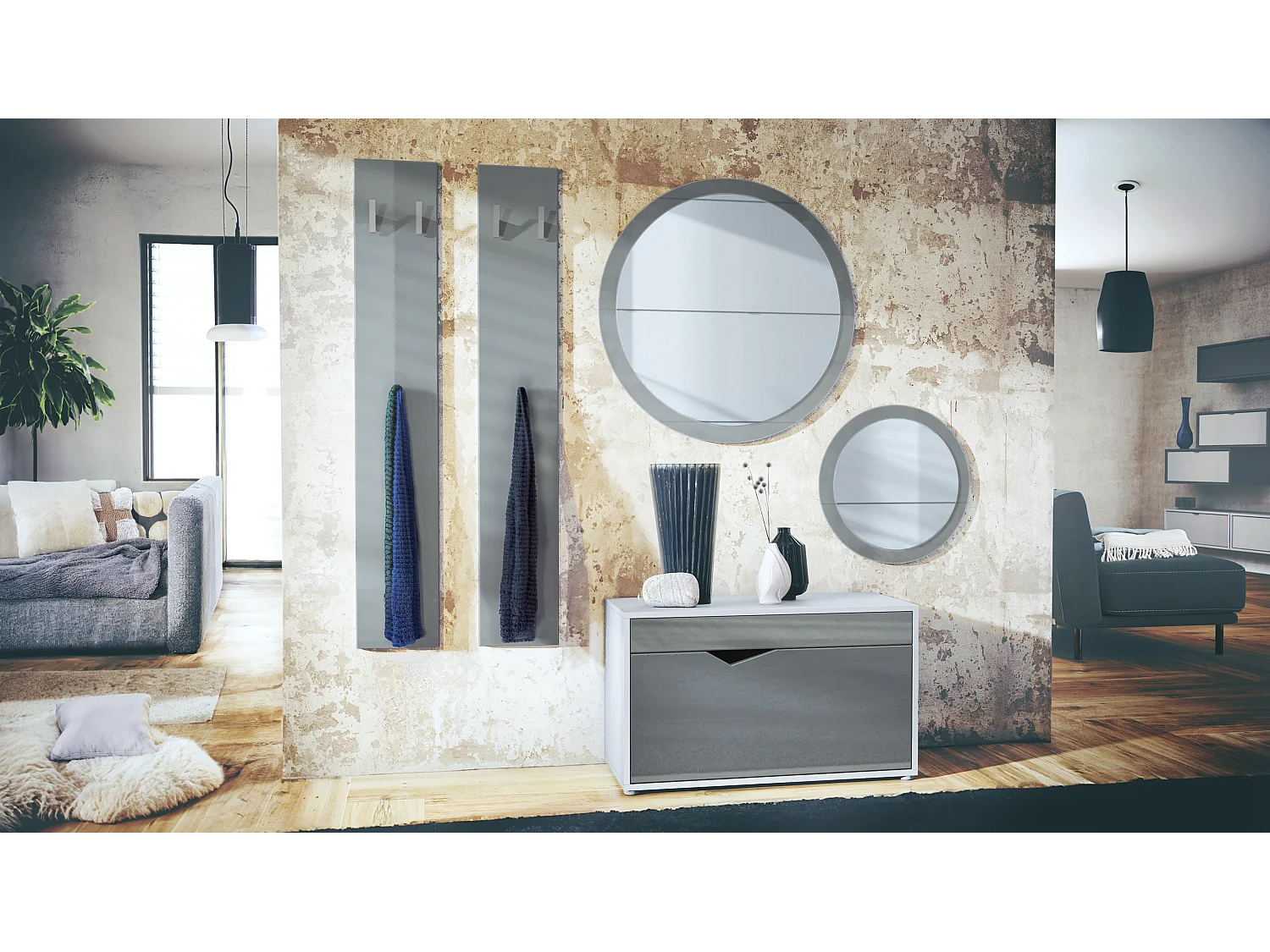 Ensemble de Dressing Espoo, Meuble d'Entrée avec Banc à Chaussures, 2 Panneaux Muraux et 2 Miroirs Muraux Ronds, blanc mat/gris haute brillance