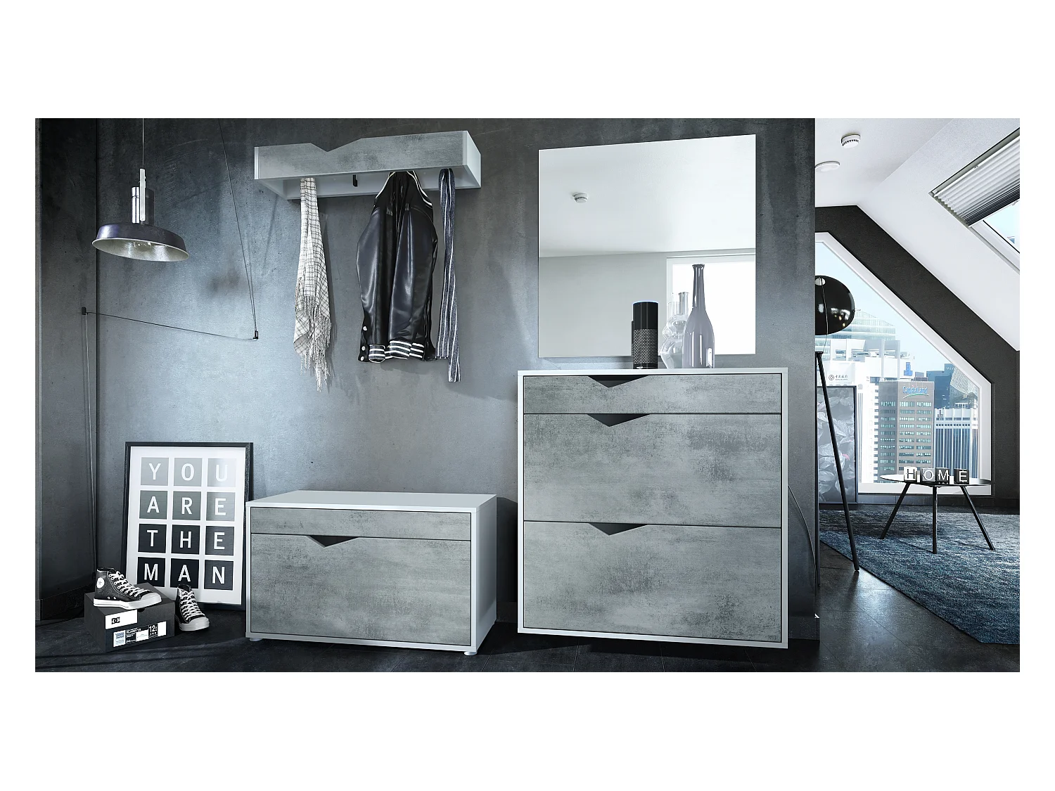 GARDEROBE Kolmio Fronten in Beton Oxid Optik