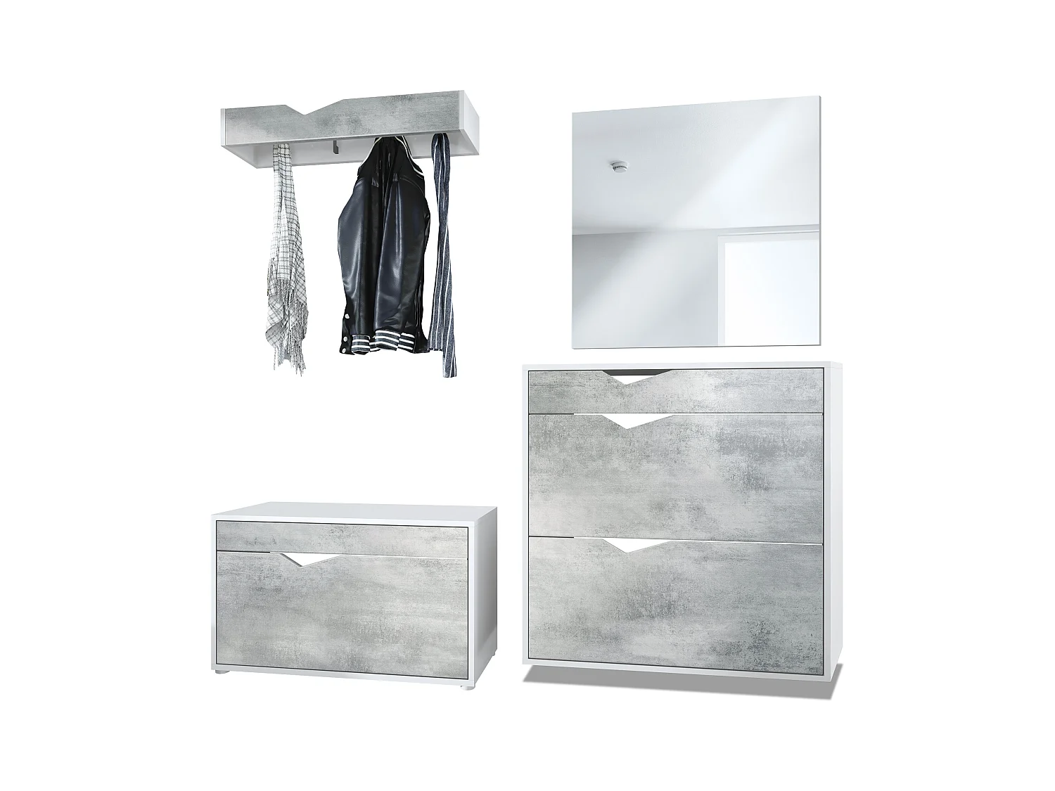 Ensemble Vestiaire Kolmio 190 x 185 x 33 cm portemanteau de couloir, caisson en blanc mat, façades en Aspect Béton Oxyde | Grand choix de couleurs
