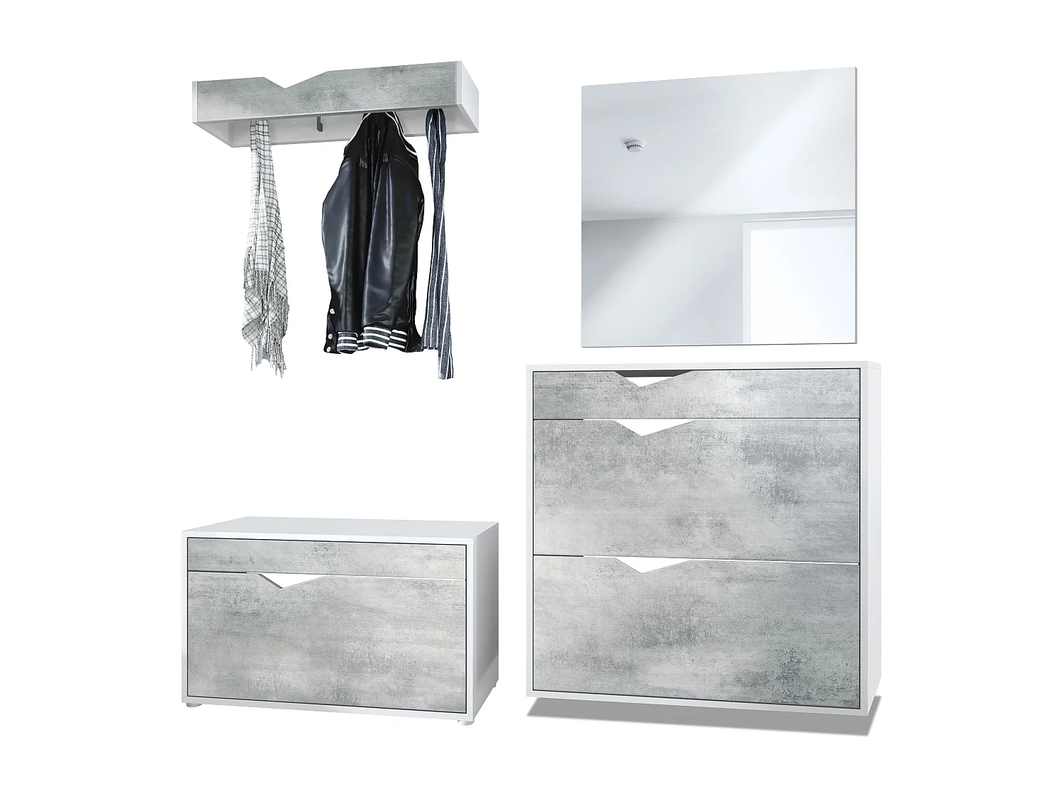 Ensemble Vestiaire Kolmio 190 x 185 x 33 cm portemanteau de couloir, caisson en blanc mat, façades en Aspect Béton Oxyde | Grand choix de couleurs
