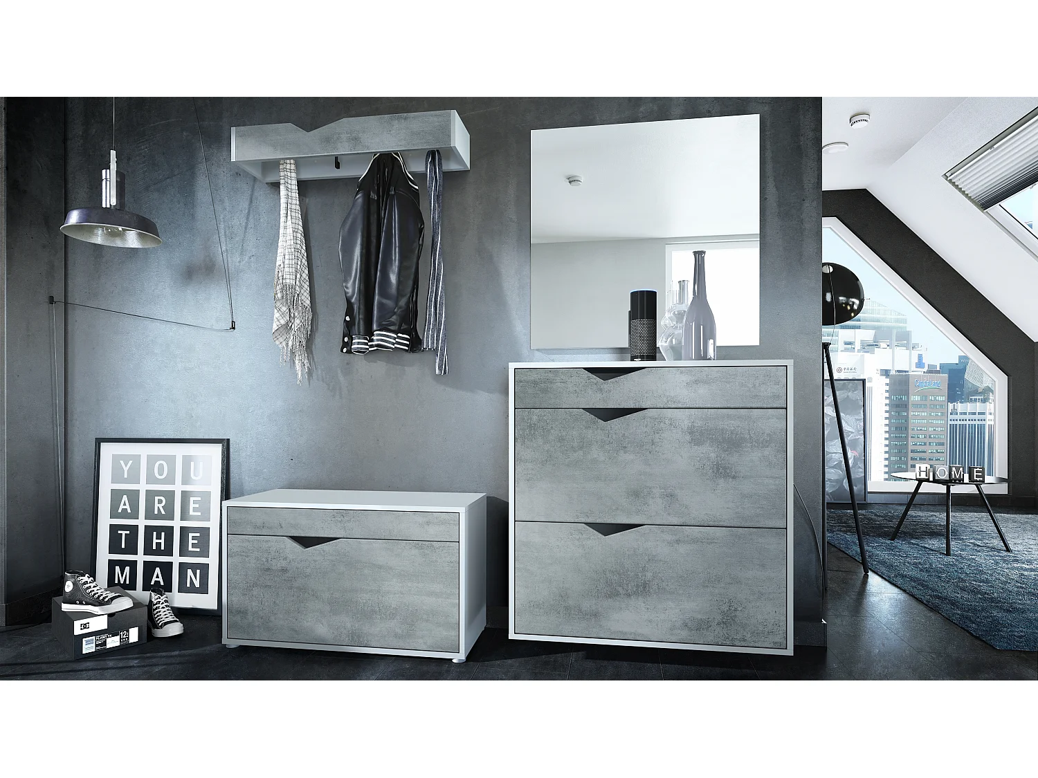 Ensemble Vestiaire Kolmio 190 x 185 x 33 cm portemanteau de couloir, caisson en blanc mat, façades en Aspect Béton Oxyde | Grand choix de couleurs