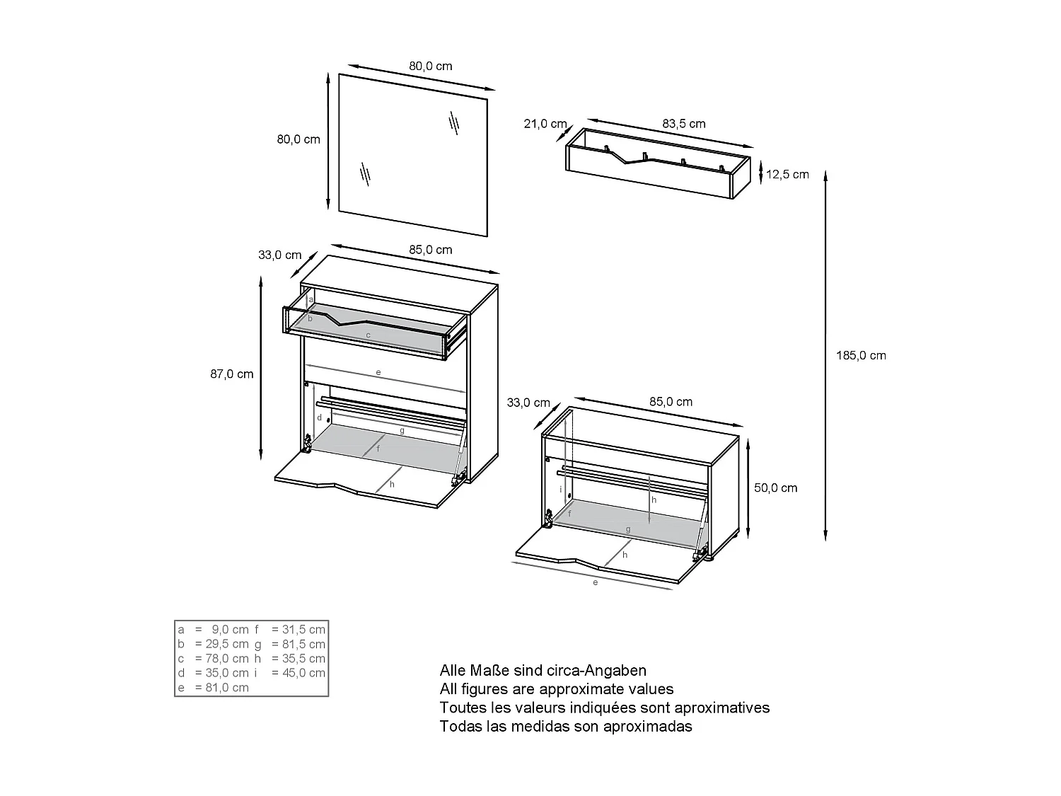 Ensemble Vestiaire Kolmio 190 x 185 x 33 cm portemanteau de couloir, caisson en blanc mat, façades en Aspect Béton Oxyde | Grand choix de couleurs