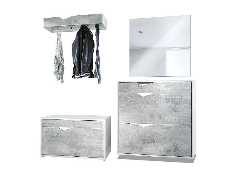 Ensemble Vestiaire Kolmio 190 x 185 x 33 cm portemanteau de couloir, caisson en blanc mat, façades en Aspect Béton Oxyde | Grand choix de couleurs