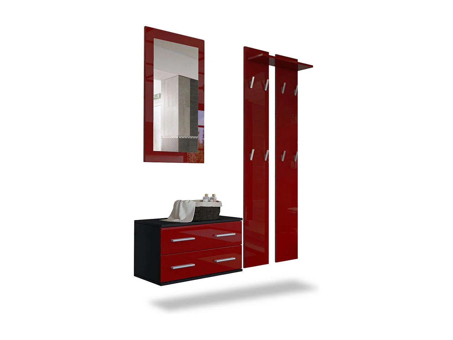 Ensemble de meubles d'entrée Kioto, Corps en Noir mat / Façades en Bordeaux haute brillance