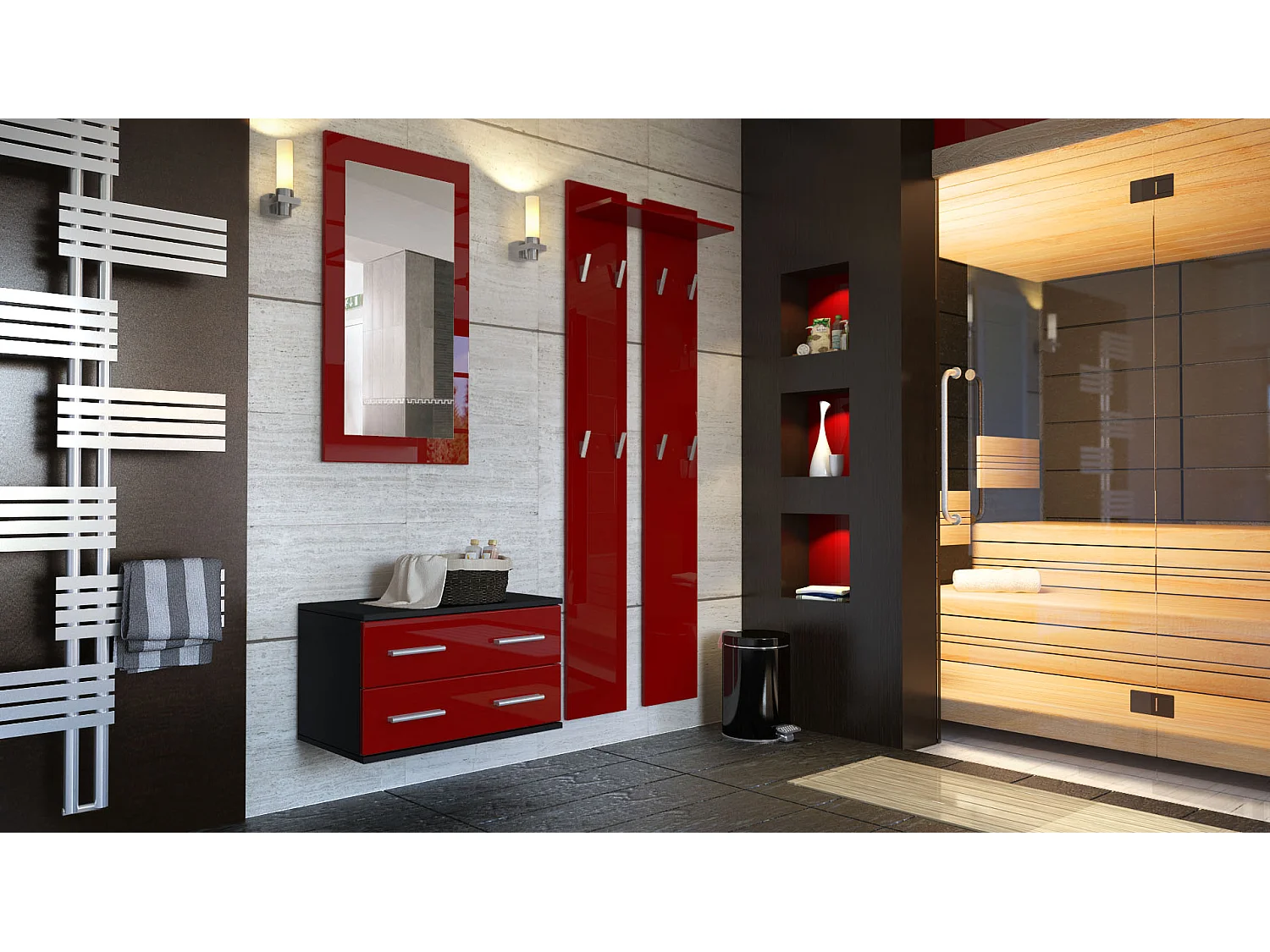 Ensemble de meubles d'entrée Kioto, Corps en Noir mat / Façades en Bordeaux haute brillance