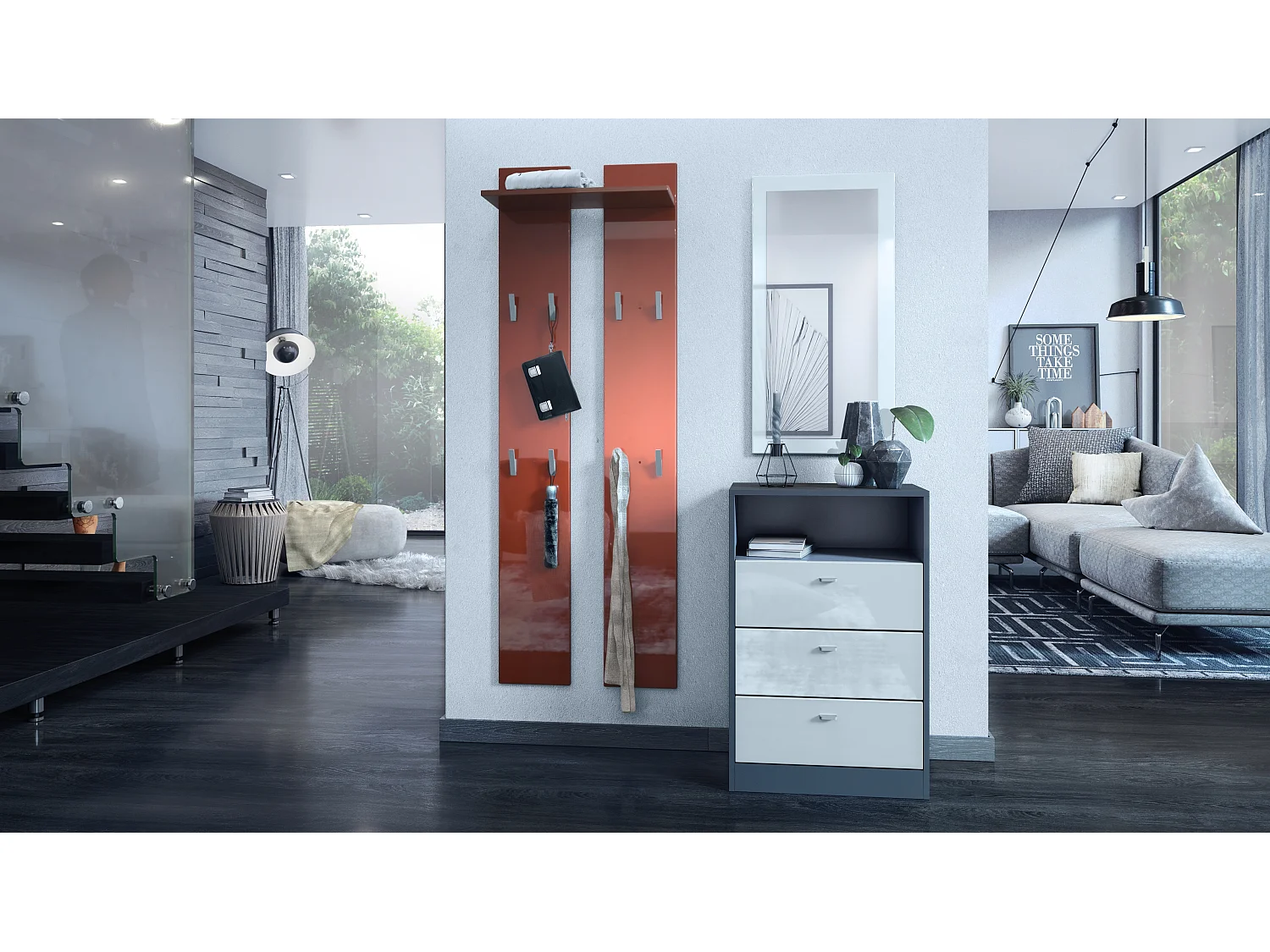 Panneau mural 170, Meuble porte-manteau composé de 2 panneaux et 1 étagère, bordeaux haute brillance (57 x 170 x 20 cm)