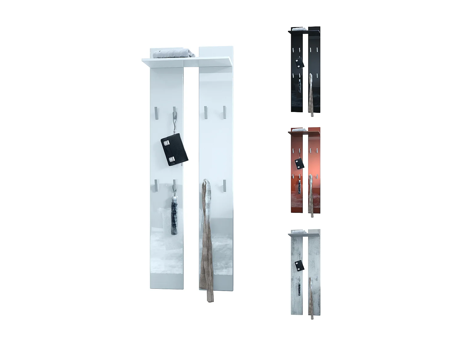 Panneau mural 170, Meuble porte-manteau composé de 2 panneaux et 1 étagère, bordeaux haute brillance (57 x 170 x 20 cm)