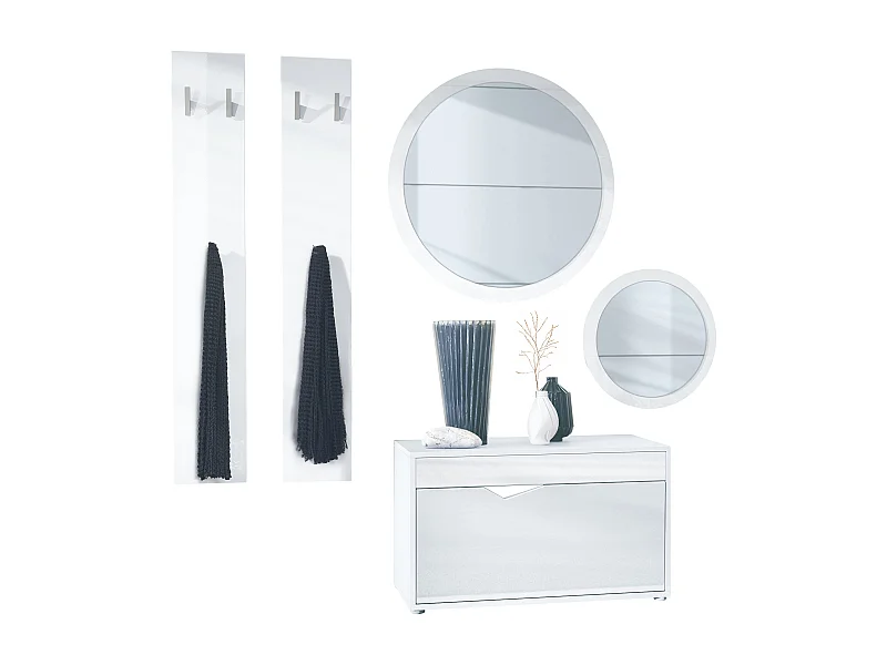 Ensemble de Dressing Espoo, Meuble d'Entrée avec Banc à Chaussures, 2 Panneaux Muraux et 2 Miroirs Muraux Ronds, blanc mat/blanc haute brillance