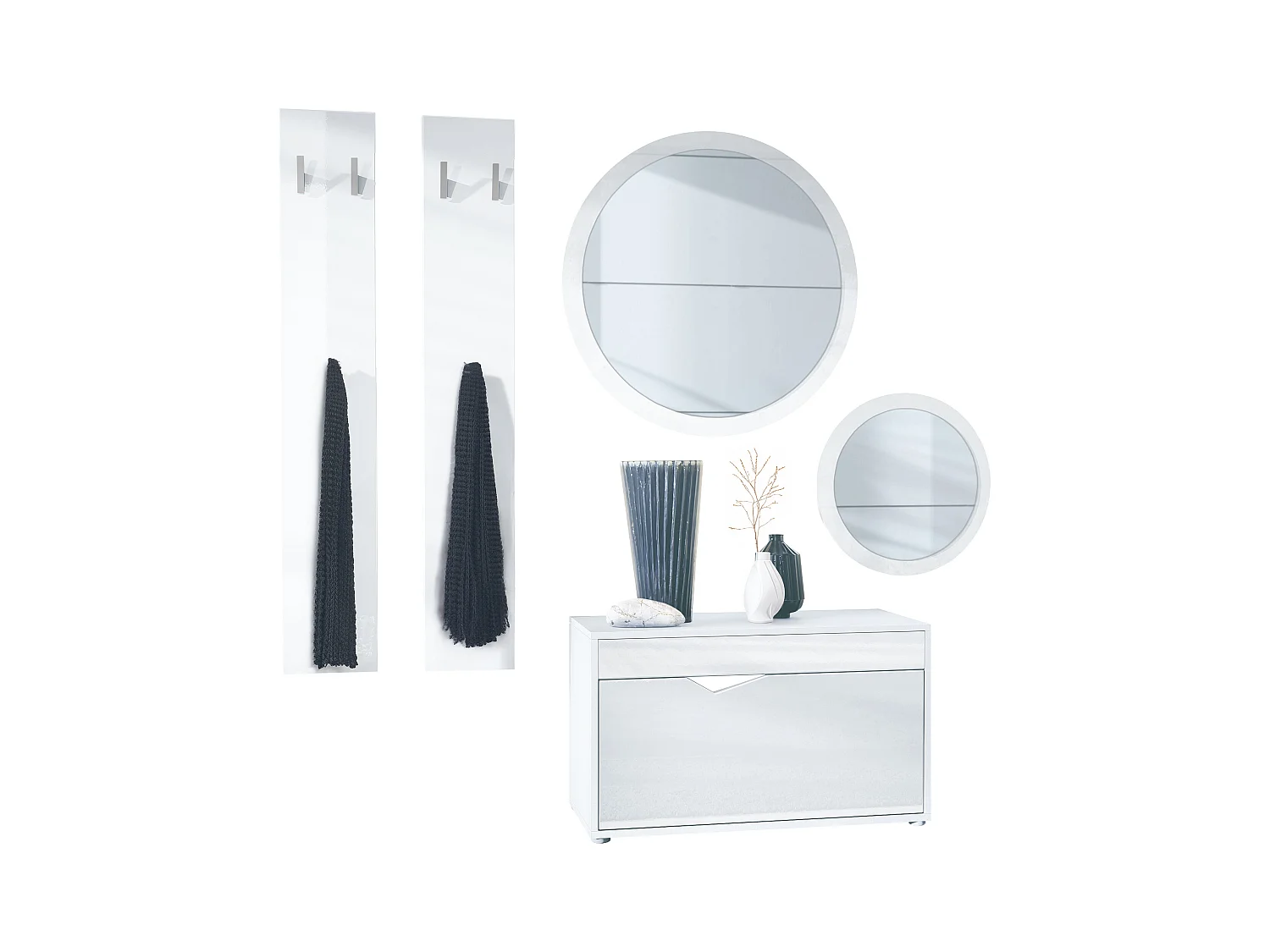 Ensemble de Dressing Espoo, Meuble d'Entrée avec Banc à Chaussures, 2 Panneaux Muraux et 2 Miroirs Muraux Ronds, blanc mat/blanc haute brillance