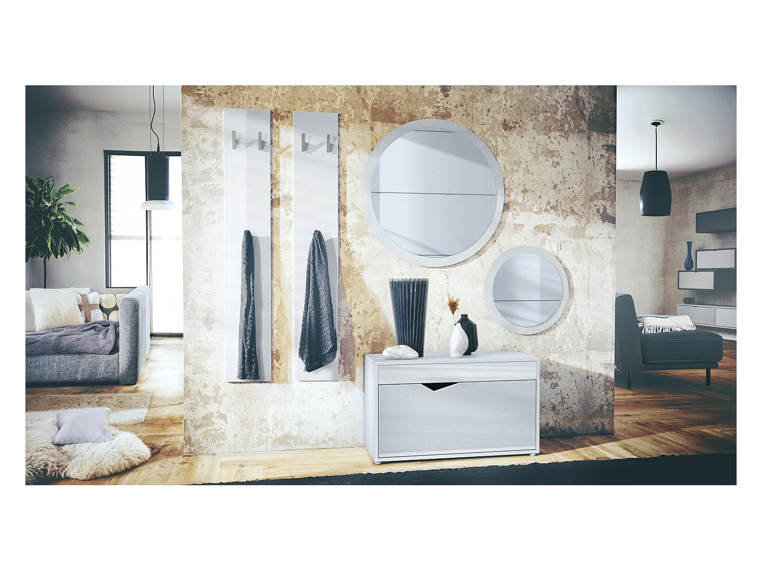 Ensemble de Dressing Espoo, Meuble d'Entrée avec Banc à Chaussures, 2 Panneaux Muraux et 2 Miroirs Muraux Ronds, blanc mat/blanc haute brillance