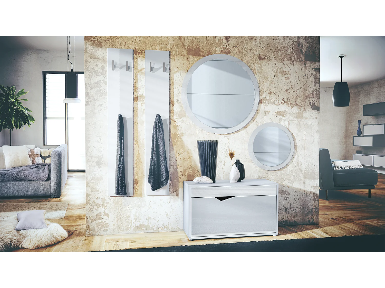 Ensemble de Dressing Espoo, Meuble d'Entrée avec Banc à Chaussures, 2 Panneaux Muraux et 2 Miroirs Muraux Ronds, blanc mat/blanc haute brillance