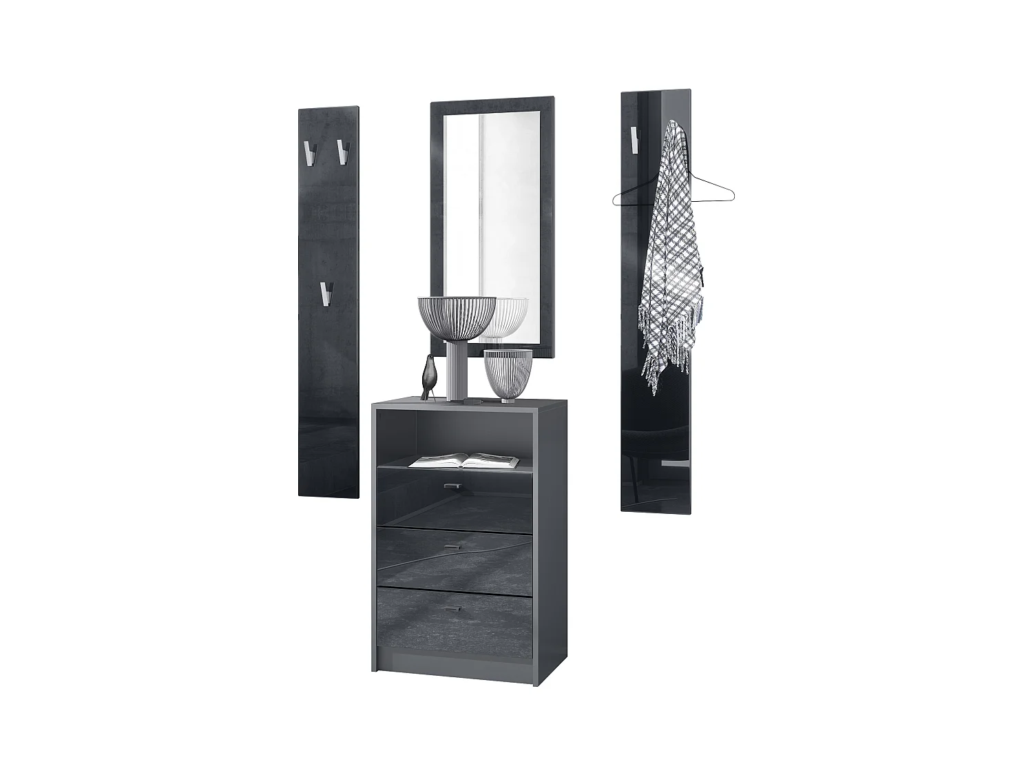 Ensemble de vestiaires Pino V2, 2 Panneaux muraux 140 cm et buffet avec 2 tiroirs & 1 compartiment ouvert, anthracite mat/noir brillant (56 x 67,5 x 36 cm)