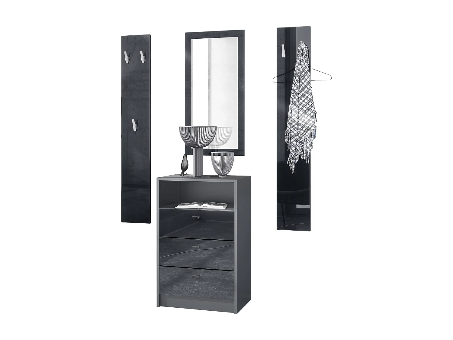 Ensemble de vestiaires Pino V2, 2 Panneaux muraux 140 cm et buffet avec 2 tiroirs & 1 compartiment ouvert, anthracite mat/noir brillant (56 x 67,5 x 36 cm)