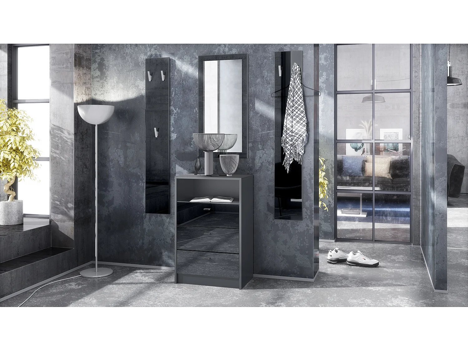 Ensemble de vestiaires Pino V2, 2 Panneaux muraux 140 cm et buffet avec 2 tiroirs & 1 compartiment ouvert, anthracite mat/noir brillant (56 x 67,5 x 36 cm)