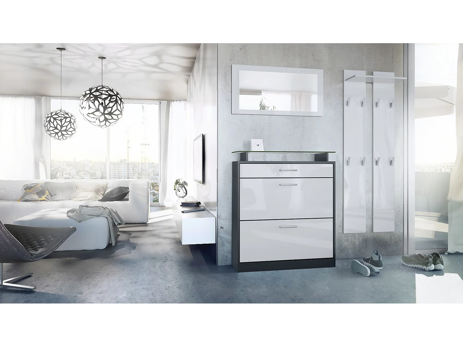 Loret Ensemble penderie, meuble à chaussures 89 x 104 x 23 cm avec miroir, 2 panneaux murales, Anthracite mat & Blanc haute brillance