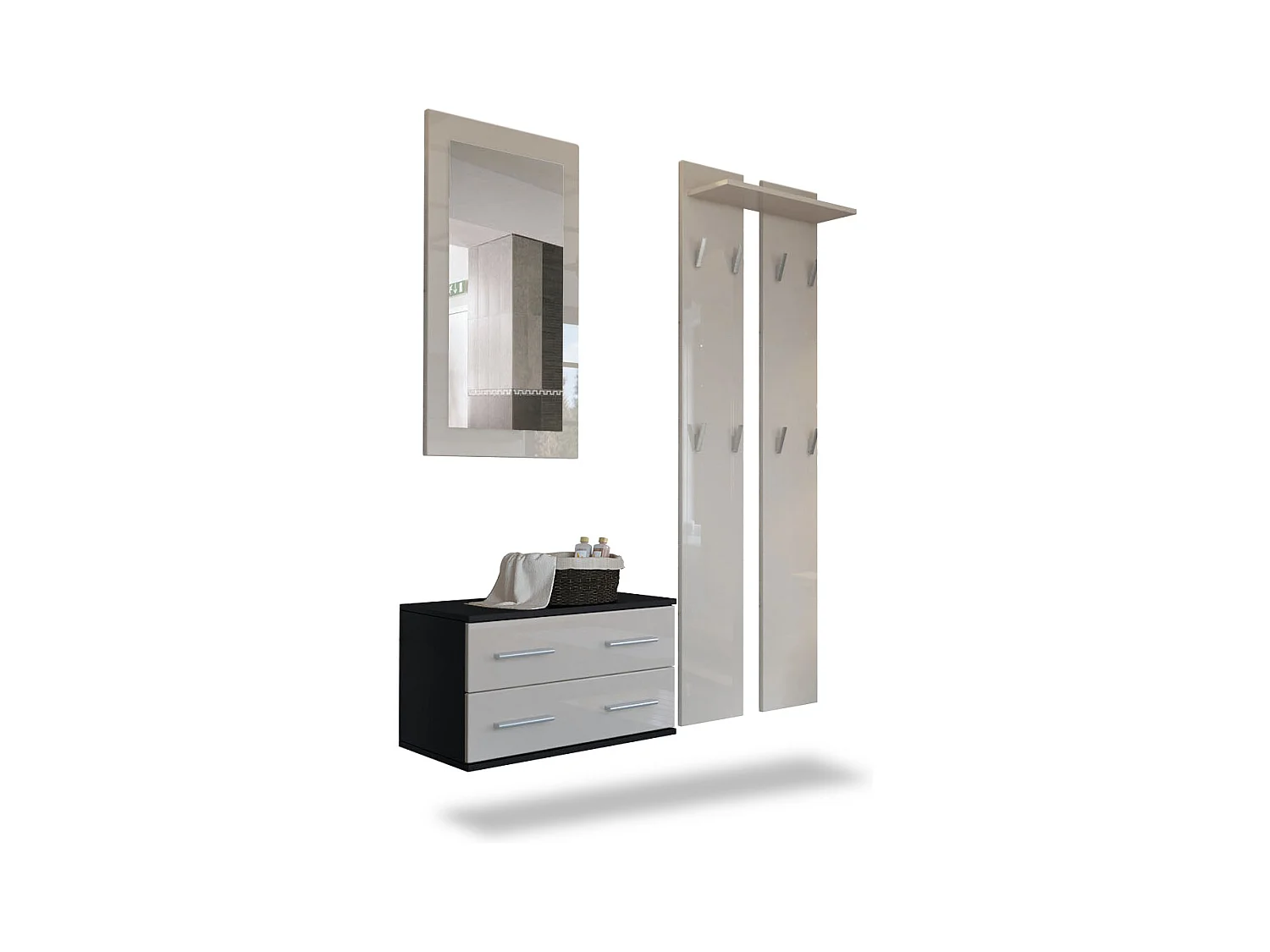 Ensemble de meubles d'entrée Kioto, Corps en Noir mat / Façades en Gris sable haute brillance