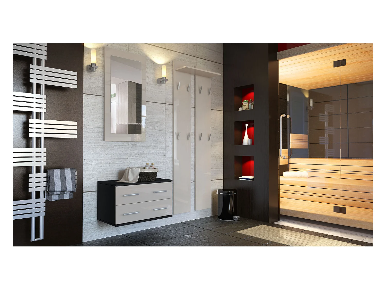 Ensemble de meubles d'entrée Kioto, Corps en Noir mat / Façades en Gris sable haute brillance