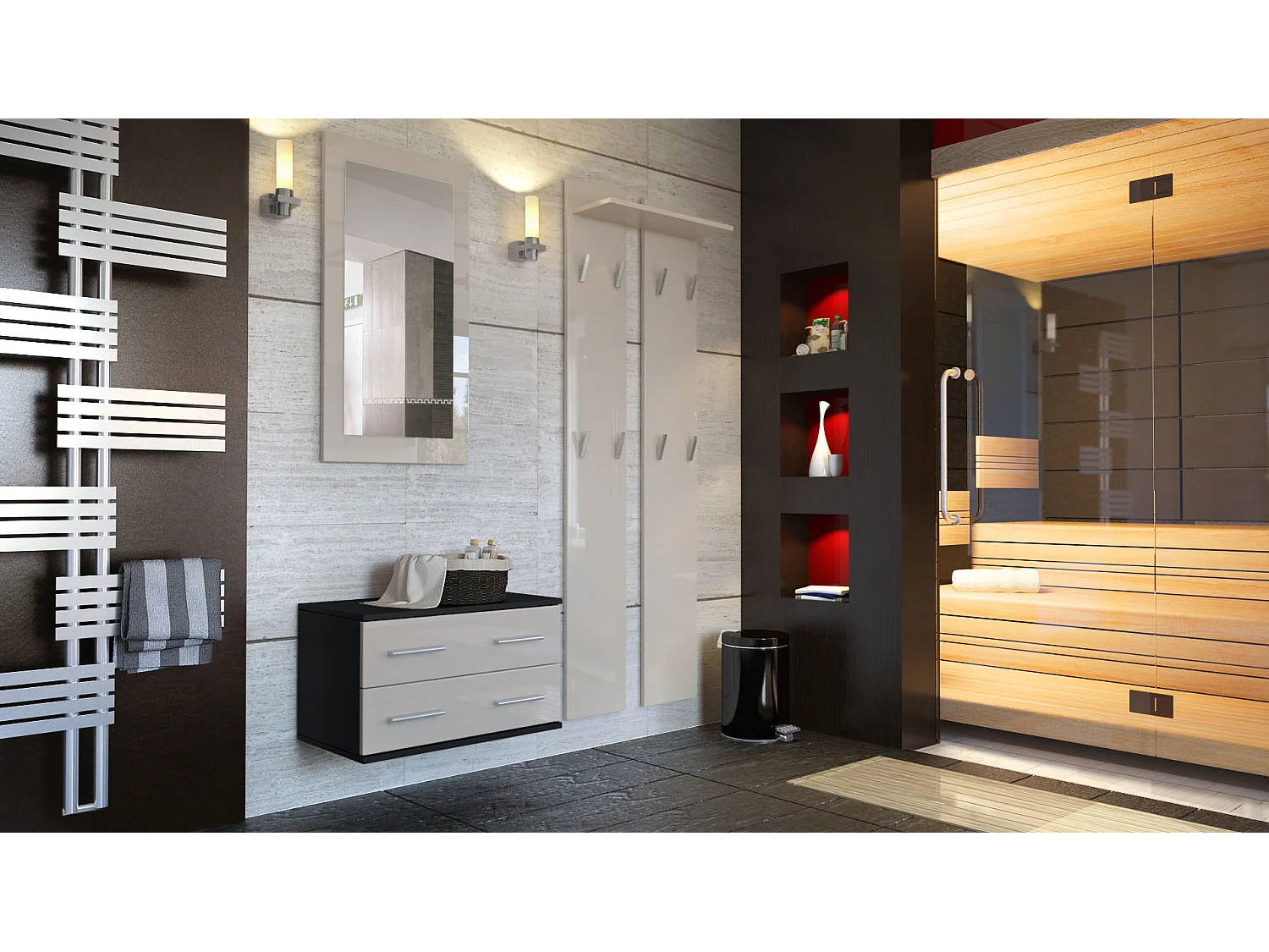 Ensemble de meubles d'entrée Kioto, Corps en Noir mat / Façades en Gris sable haute brillance