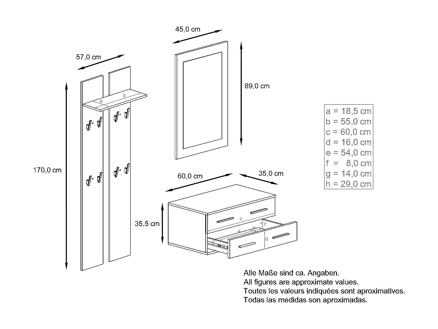 Ensemble de meubles d'entrée Kioto, Corps en Noir mat / Façades en Gris sable haute brillance
