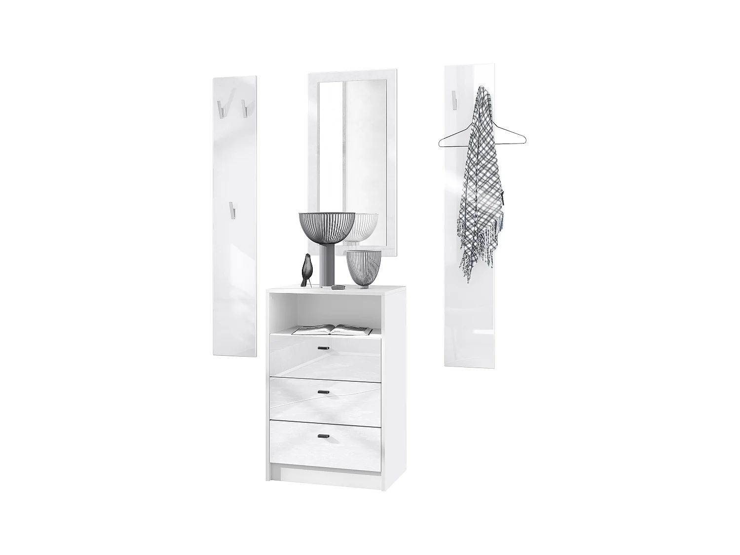 Ensemble de vestiaires Pino V2, 2 Panneaux muraux 140 cm et buffet avec 2 tiroirs & 1 compartiment ouvert, blanc mat/Blanc brillant (56 x 67,5 x 36 cm)