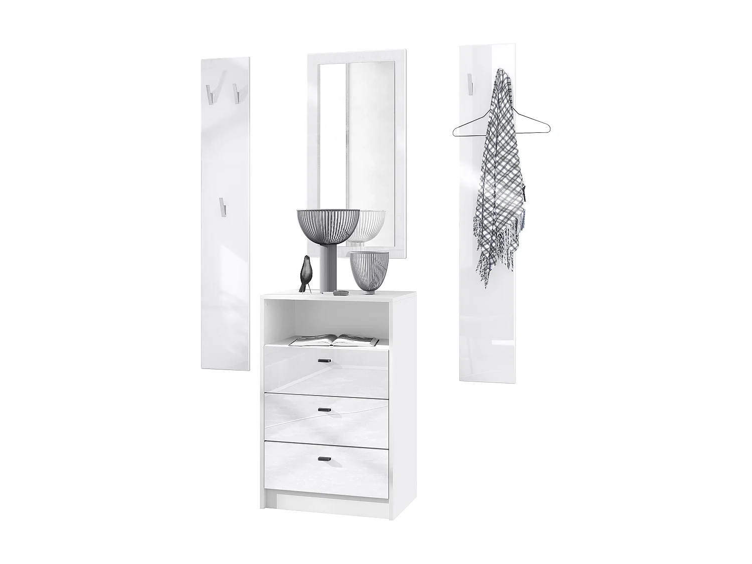 Ensemble de vestiaires Pino V2, 2 Panneaux muraux 140 cm et buffet avec 2 tiroirs & 1 compartiment ouvert, blanc mat/Blanc brillant (56 x 67,5 x 36 cm)
