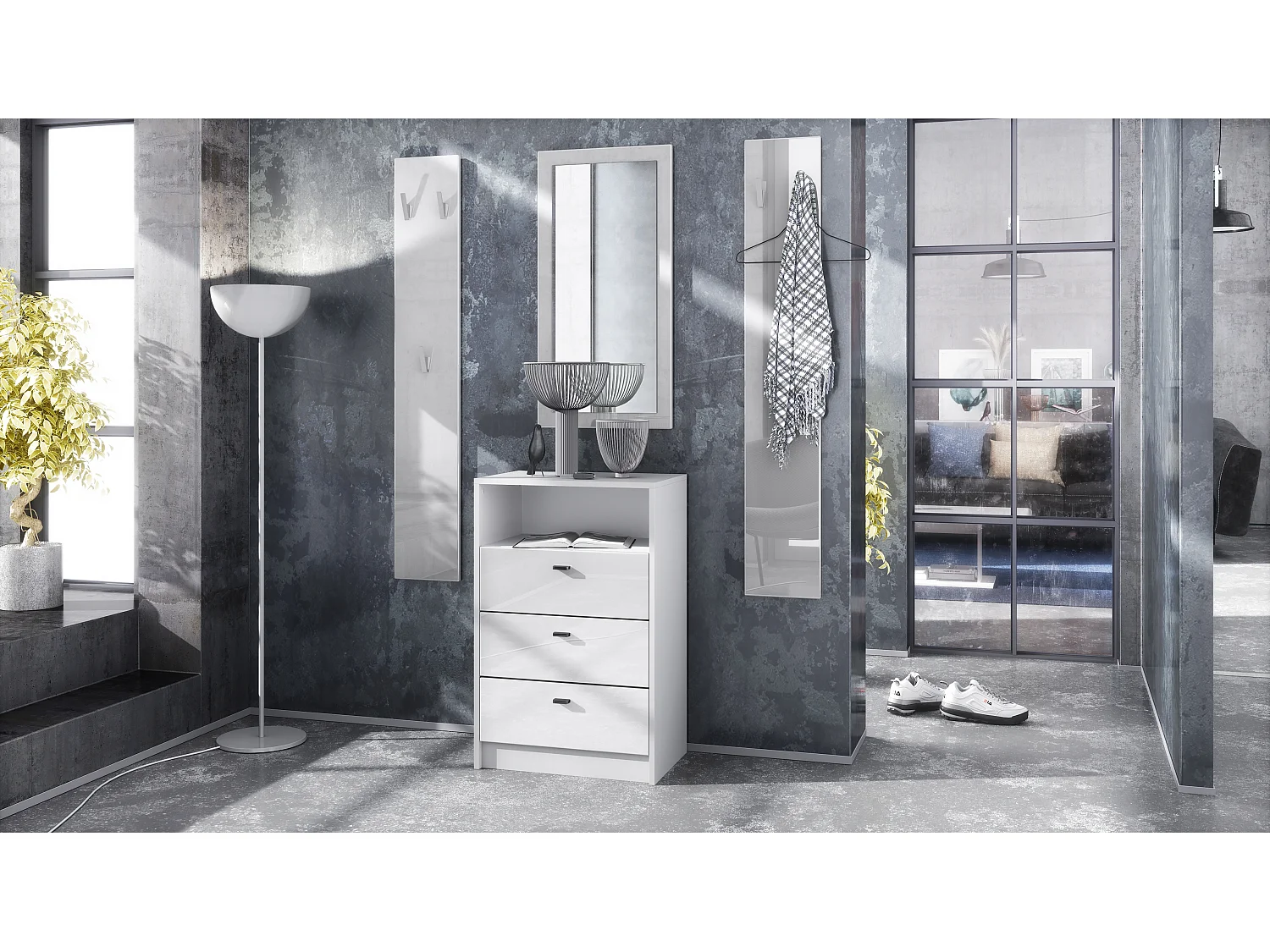 Ensemble de vestiaires Pino V2, 2 Panneaux muraux 140 cm et buffet avec 2 tiroirs & 1 compartiment ouvert, blanc mat/Blanc brillant (56 x 67,5 x 36 cm)