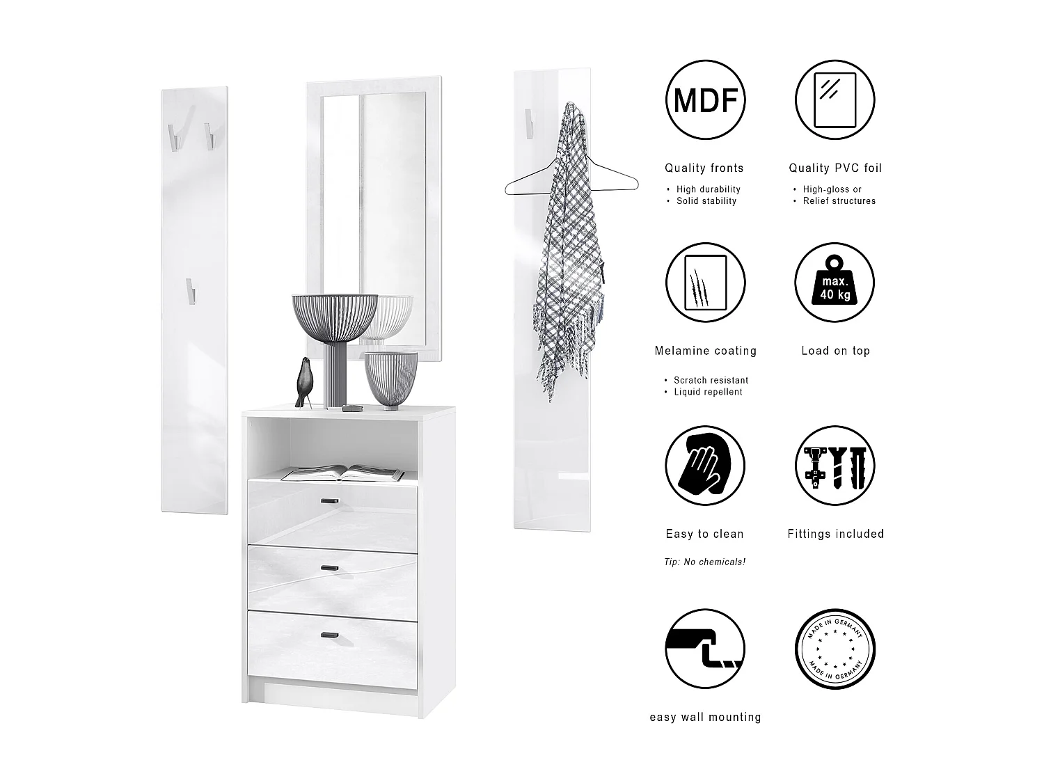 Ensemble de vestiaires Pino V2, 2 Panneaux muraux 140 cm et buffet avec 2 tiroirs & 1 compartiment ouvert, blanc mat/Blanc brillant (56 x 67,5 x 36 cm)