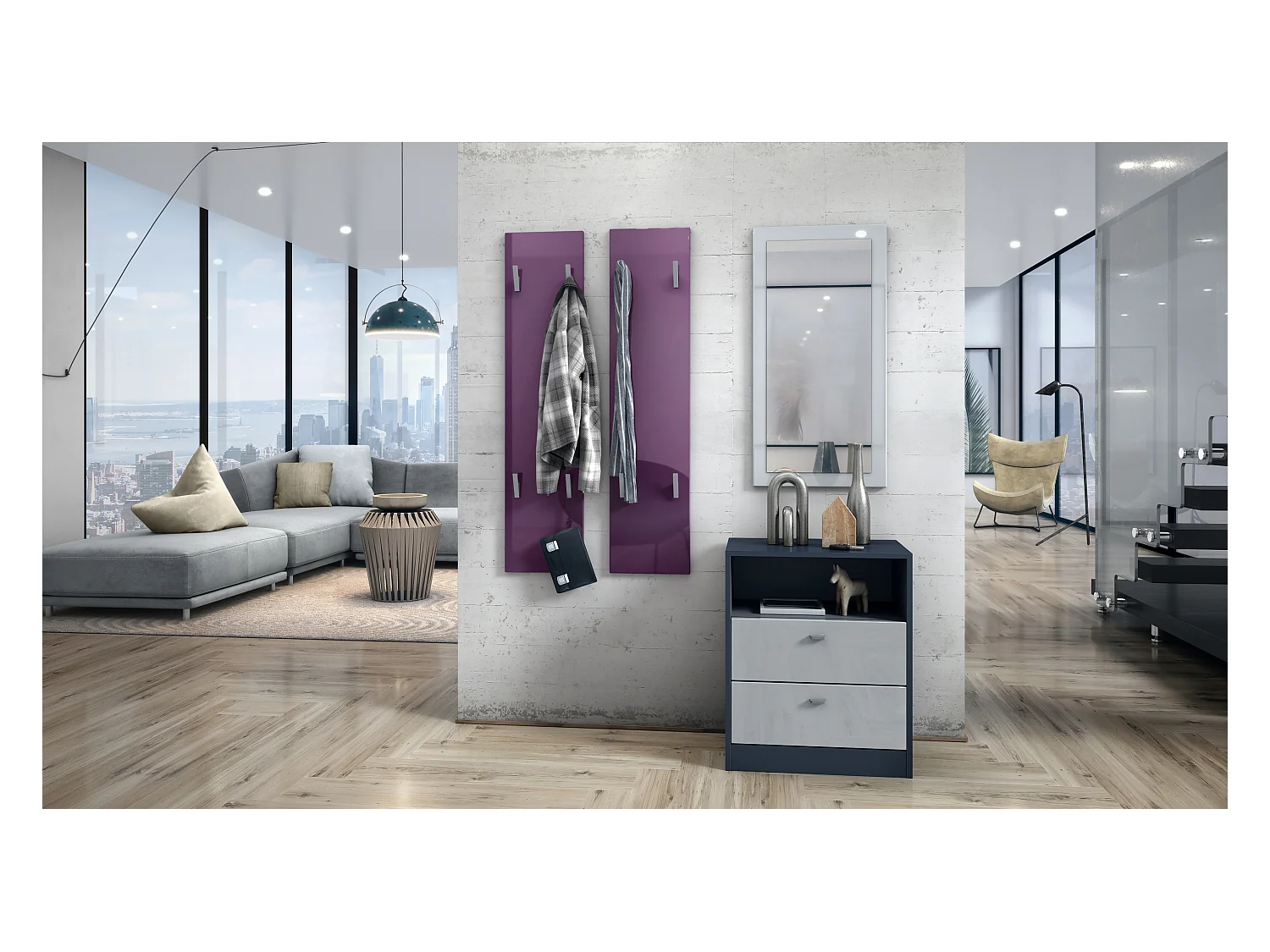 Vladon Perchero de pared 120, Perchero compuesto por 2 Paneles, Zarzamora de alto brillo (cada uno: 28 x 120 x 2 cm)