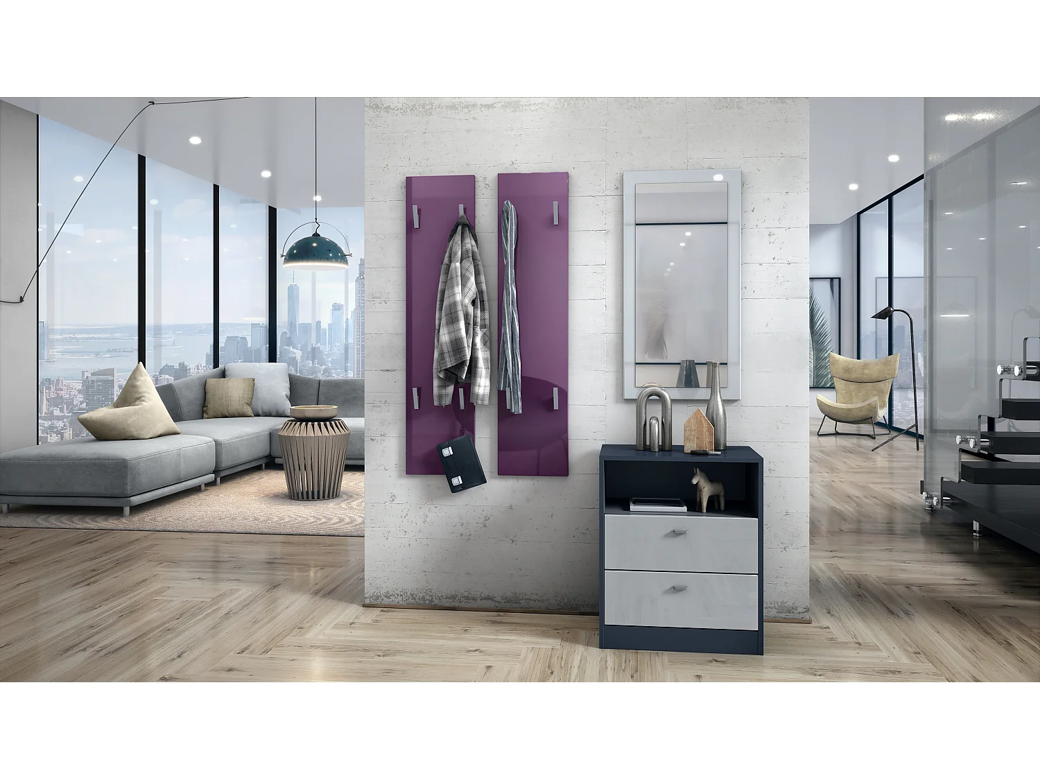 Panneau mural 120, Panneau de porte-manteau comprenant 2 panneaux, Mûre haute brillance (28 x 120 x 2 cm chacun)