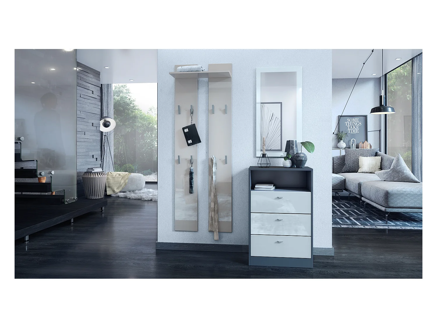 Panneau mural 170, Meuble porte-manteau composé de 2 panneaux et 1 étagère, gris sable haute brillance (57 x 170 x 20 cm)