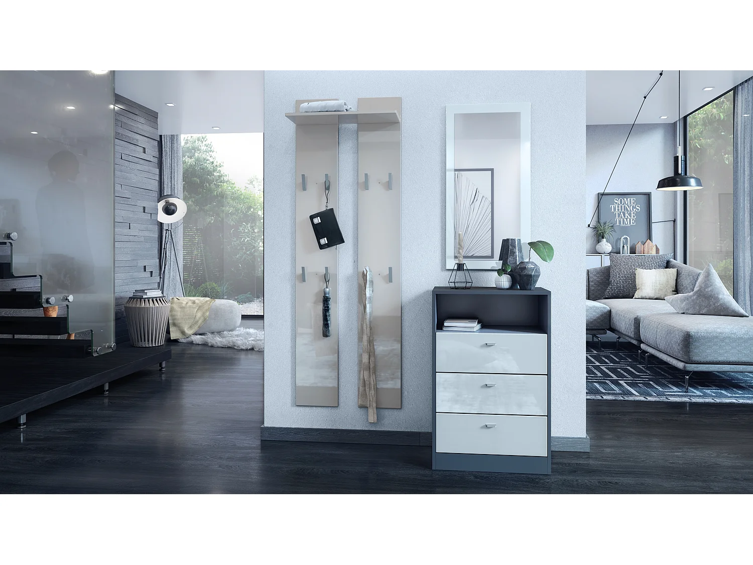 Panneau mural 170, Meuble porte-manteau composé de 2 panneaux et 1 étagère, gris sable haute brillance (57 x 170 x 20 cm)