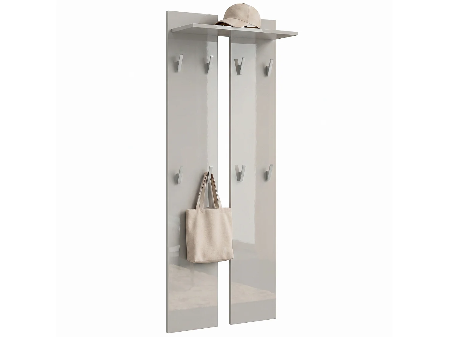 Panneau mural 170, Meuble porte-manteau composé de 2 panneaux et 1 étagère, gris sable haute brillance (57 x 170 x 20 cm)